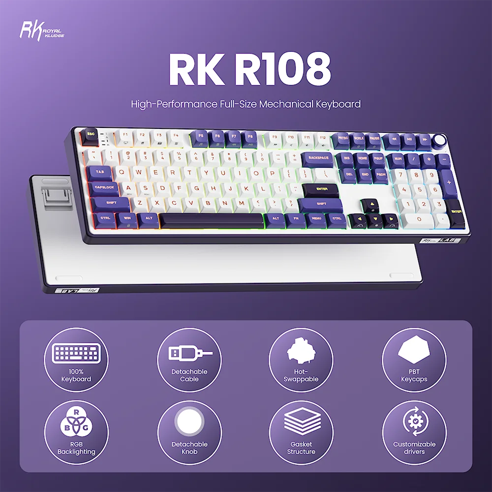 RK Royal Kludge R108 Wired Mechanical Keyboard 100% 108 Keys MDA PBT Keycap Gasket RGB Hot-swappable Gamer Keyboard Metal Knob