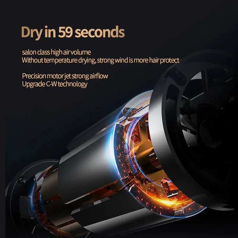 High-speed professional hair dryer motor showing internal cooling tech for fast 59-second drying and ionic hair care.