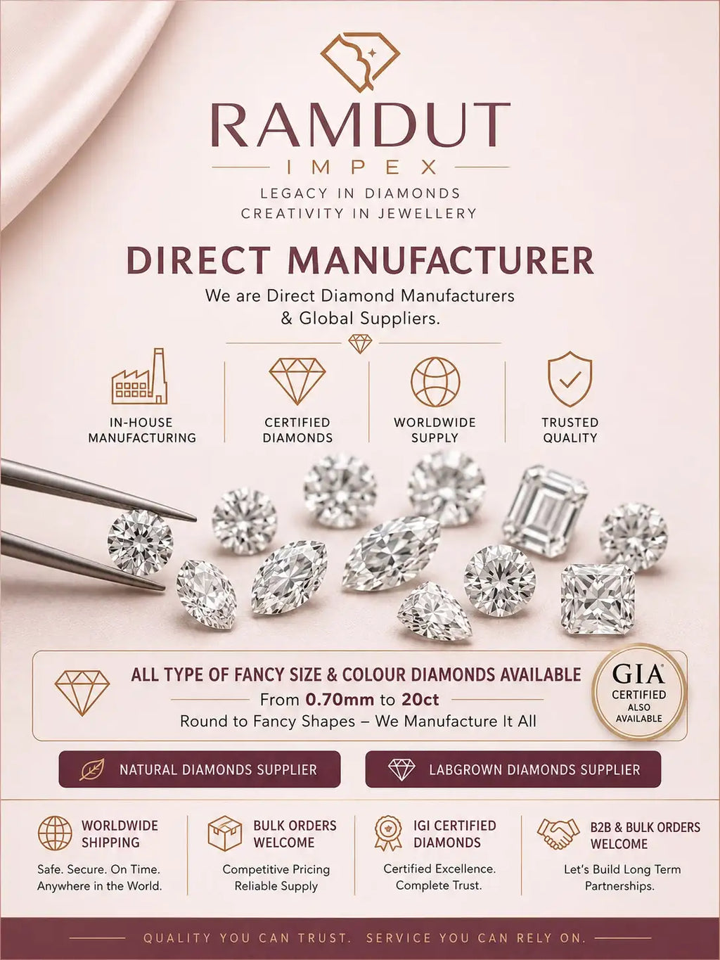 RAMDUT Impex diamond brochure with direct manufacturer info and loose stones display