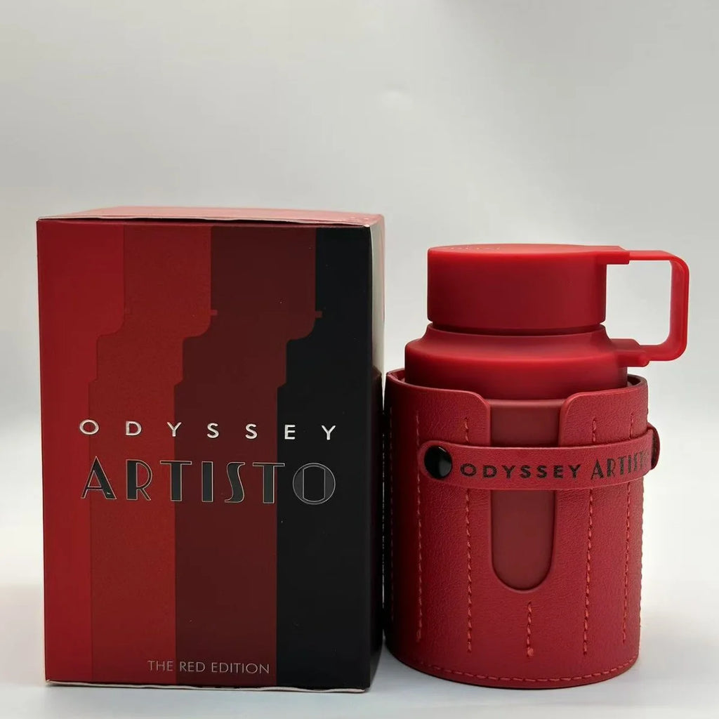 Armaf Odyssey Artisto Red Edition 100ml men's cologne, a leather-cased Middle Eastern fragrance spray.