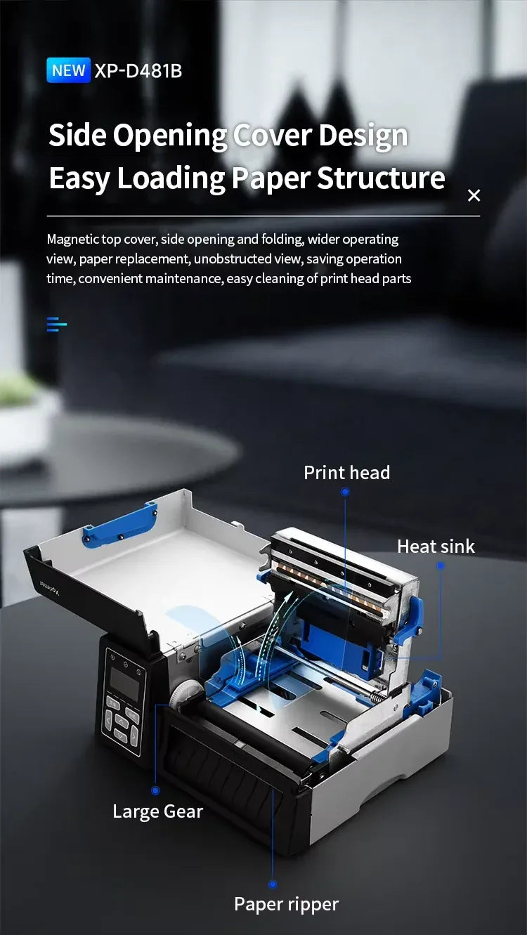 Industrial barcode label printer with side-opening cover and easy paper loading