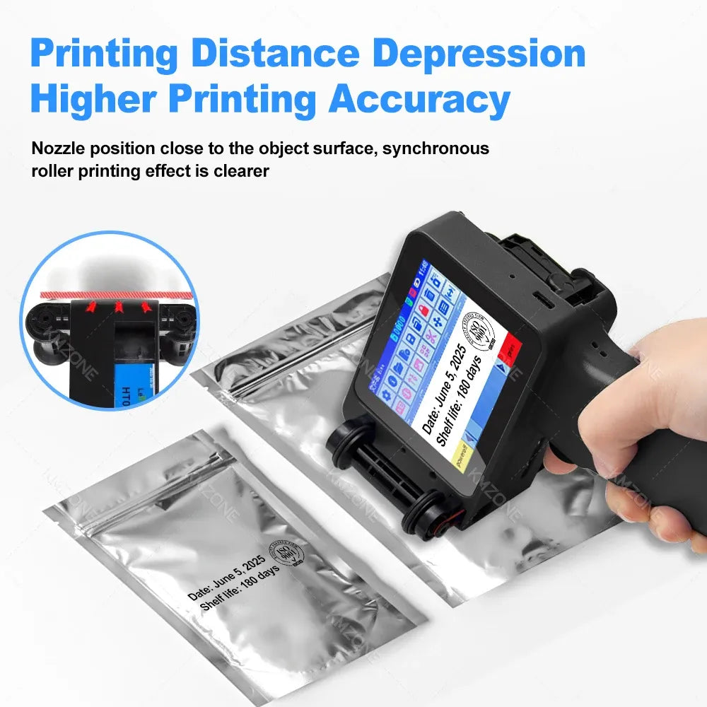 Black handheld inkjet label printer producing labels on silver flexible packaging held by hand