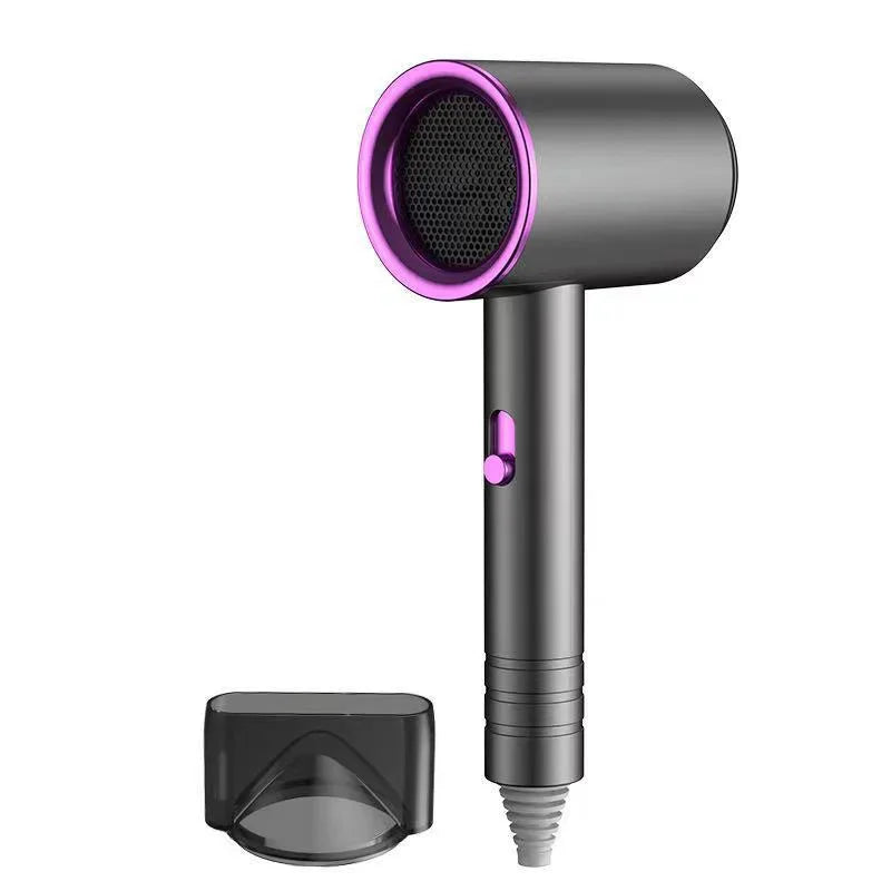 Grey and purple high-speed negative ion hair dryer with nozzle attachment for professional home salon hair styling.