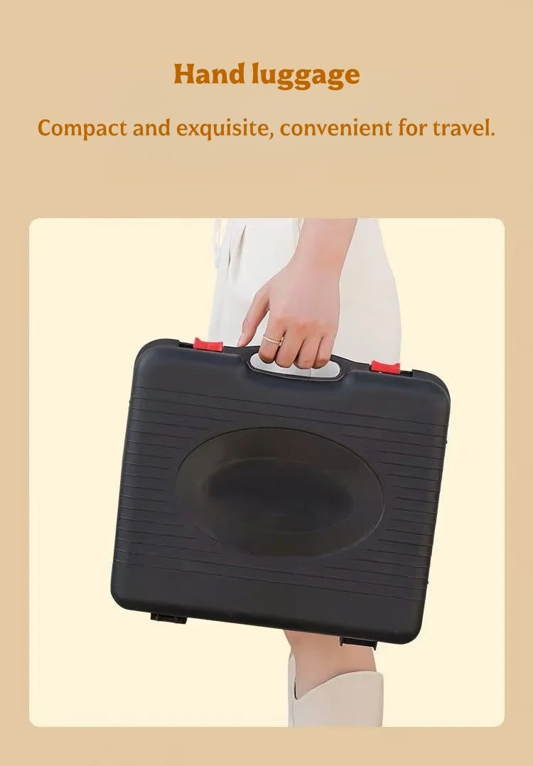 Black portable cassette gas stove in a hard carry case