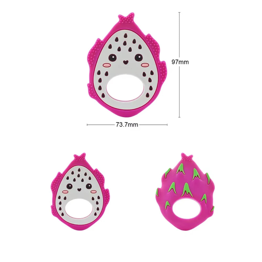 Pink and white silicone dragon fruit baby teething ring for soothing gums.