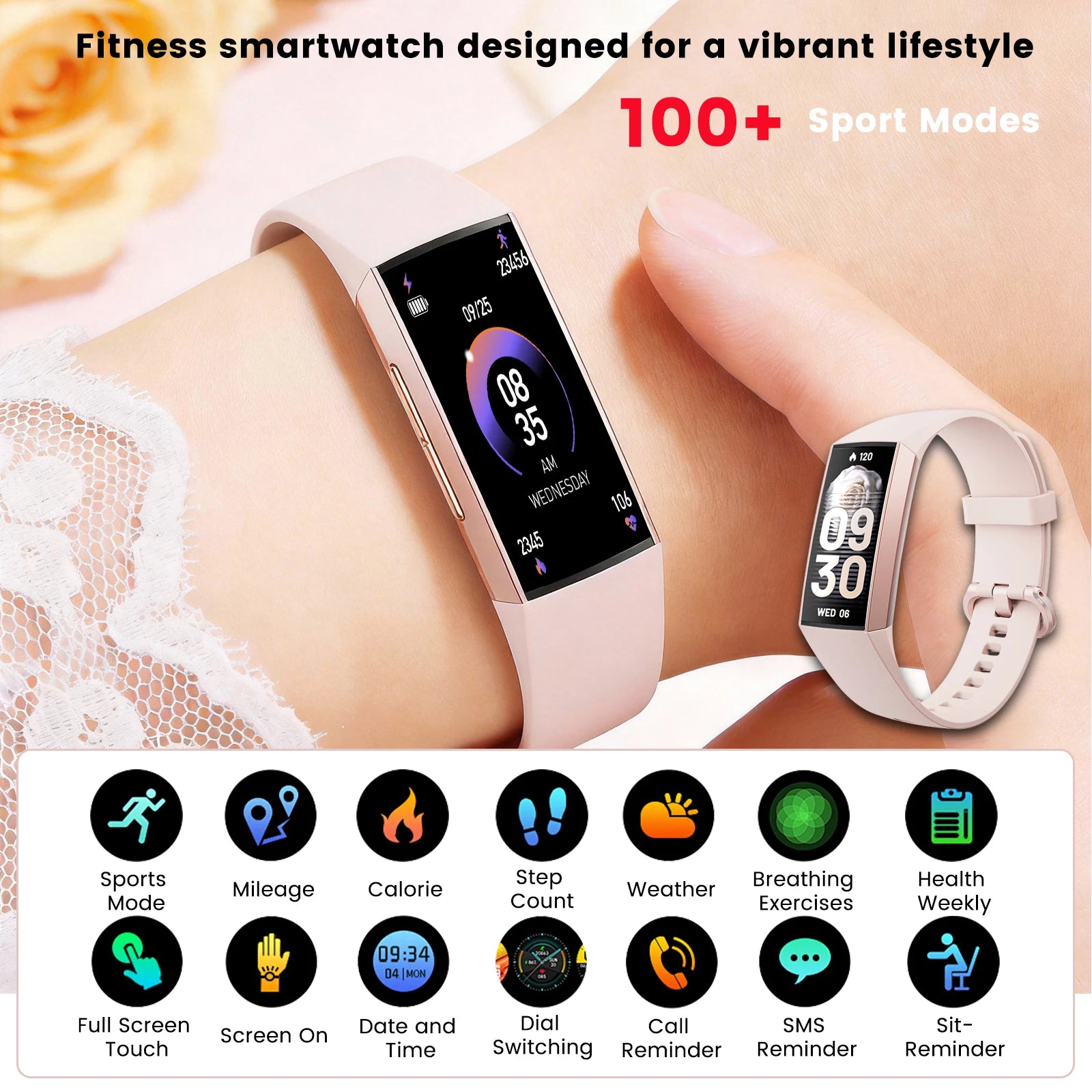 Fitness smartwatch with light beige band on wrist, display with date and time