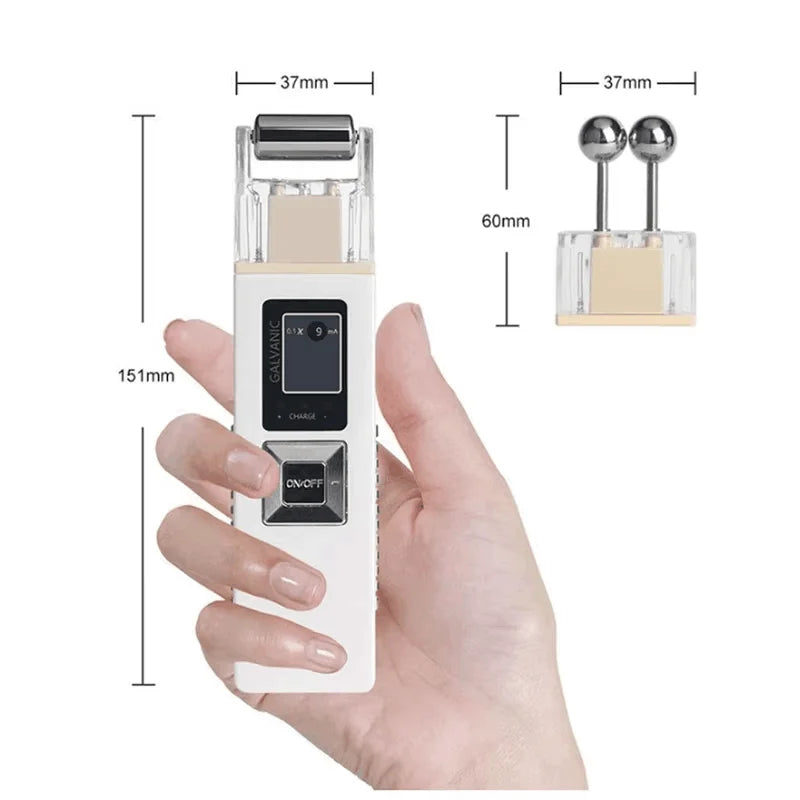 White handheld microcurrent facial device with digital display, metal roller, and interchangeable ball probe attachment.