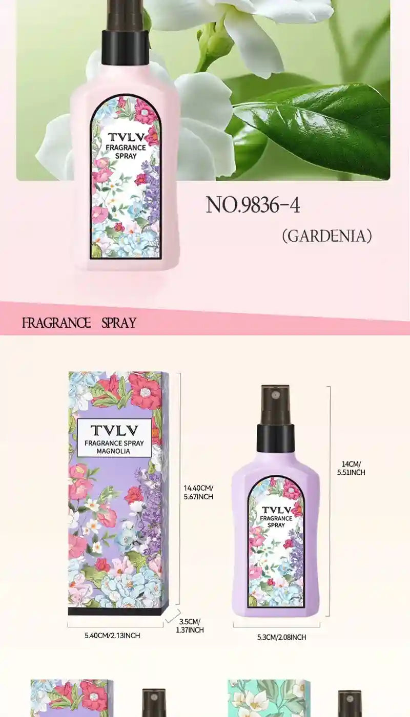 TVLV Jasmine & Gardenia floral fragrance spray for women, long-lasting light scent in a slim rectangular pump bottle.