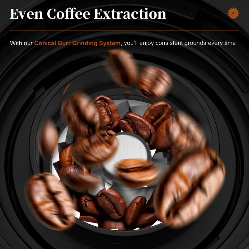 Black coffee grinder with stainless steel conical burrs grinding fresh roasted coffee beans for even extraction.