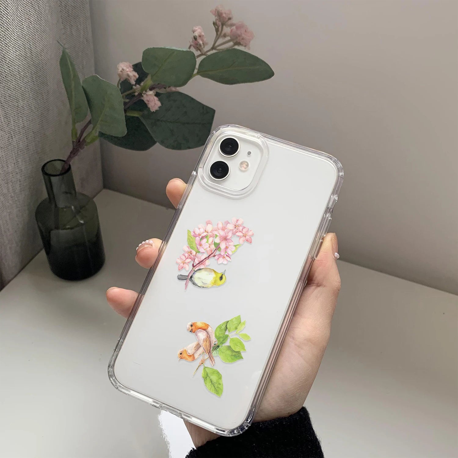 Transparent PET stickers featuring watercolor birds and cherry blossoms, perfect for DIY phone case decor and crafts.