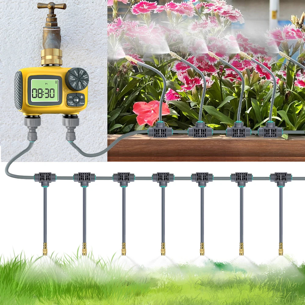 Gardening Dual-Way Independent Control Irrigation Timer Mist Cooling Kit Custom DIY Watering Schedule Quick Connect Accessories