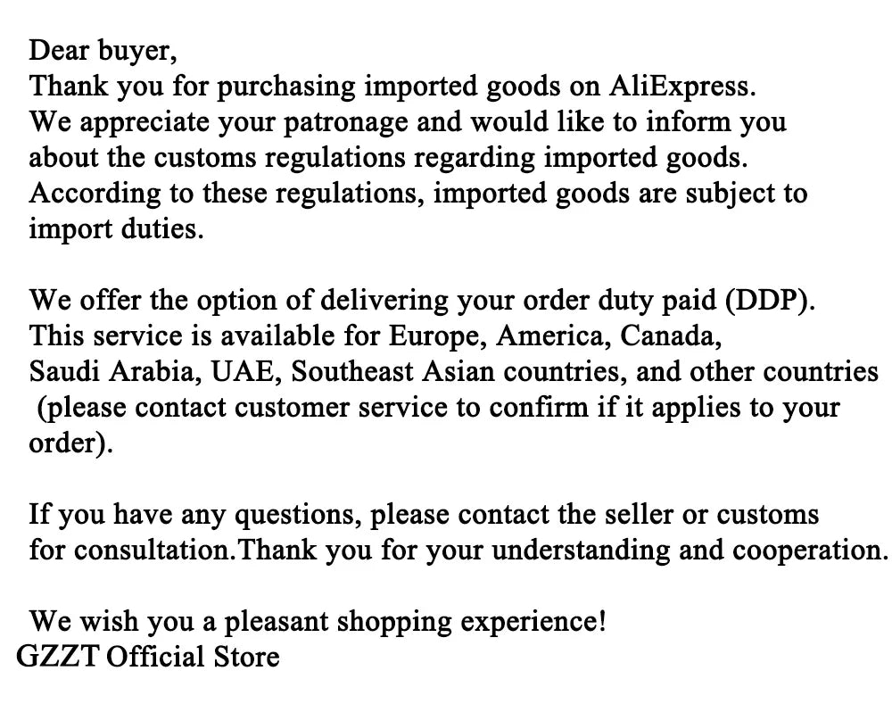 The image provided is a text notice regarding customs duties, not a product image. Please provide a photo of the item.