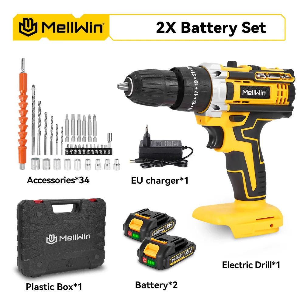 MELLWIN Cordless Electric Impact Drill Set 25+3 Torque Multipurpose Electric Screwdriver Power Tool For Makita 18V Battery Pin