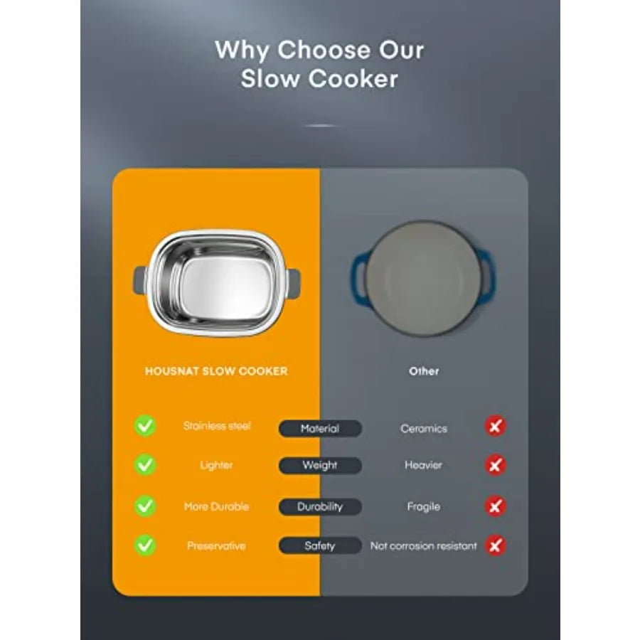 Slow cooker benefits panel with stainless-steel and durability highlights, safety check marks