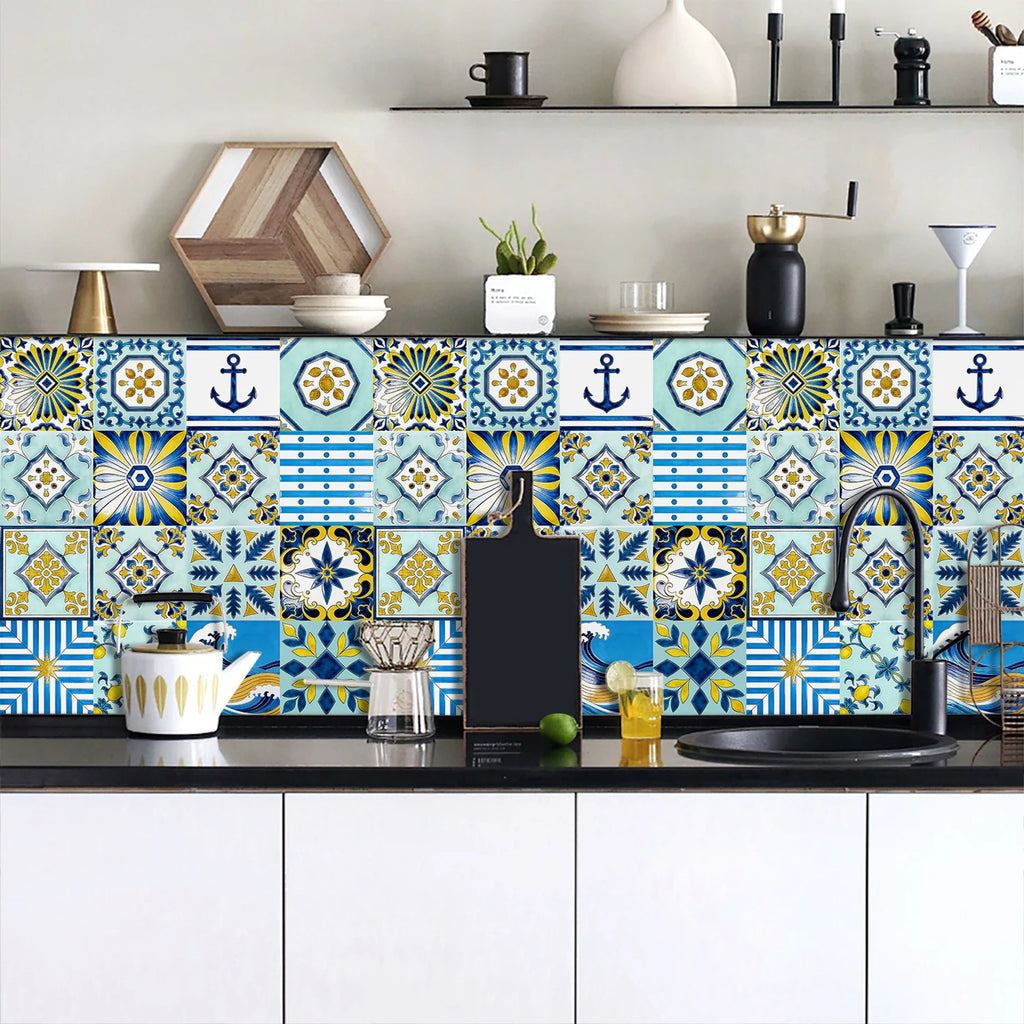 16pcs Portuguese Azulejo Tile Decals - Blue Yellow Floral Geometric Self-Adhesive Wall Stickers for Home Decor