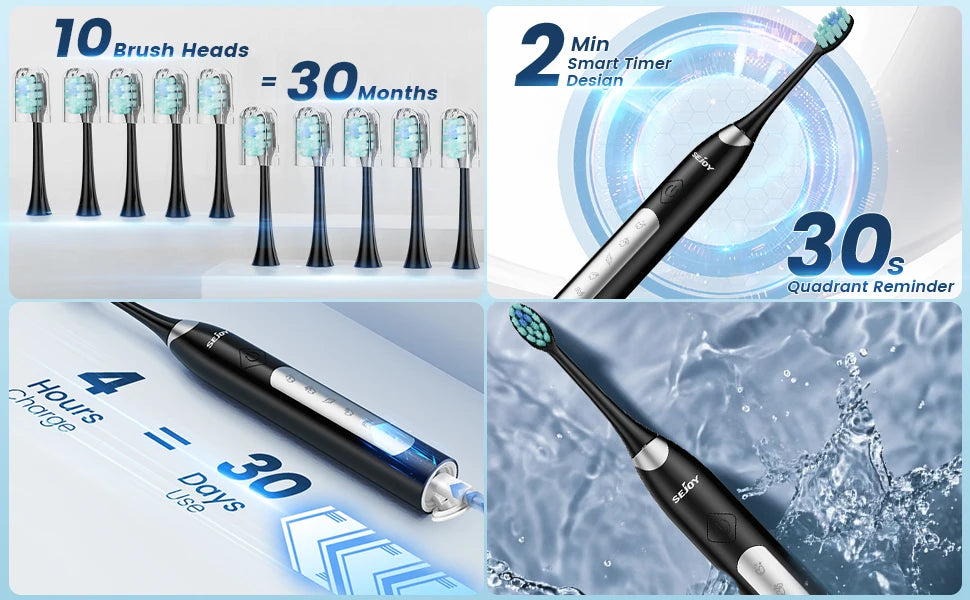 Sejoy Electric Sonic Toothbrush with 10 pcs Replacement Heads 5 Modes USB Rechargeable Waterproof Electric Tooth Brushes