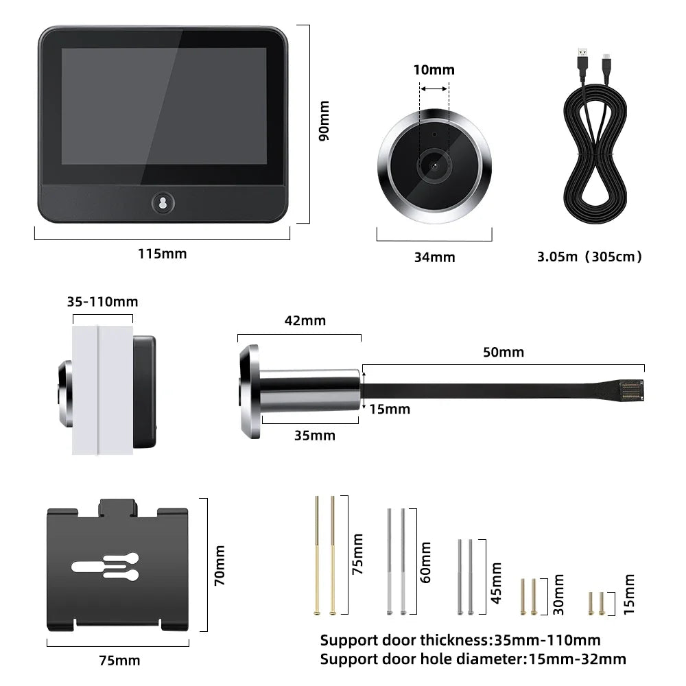 New 2K Tuya Smart Cat Eye 3MP Camera House Door Peephole 4.3 inch Doorbell Camera IPS Screen 120 ° Wide Angle Radar WiFi