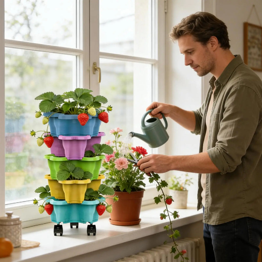 4/5 Tier Plant Tower With Wheels Stackable Plant Towers ABS Vertical Planter Tower For Strawberry Green Ivy Balcony Terrace