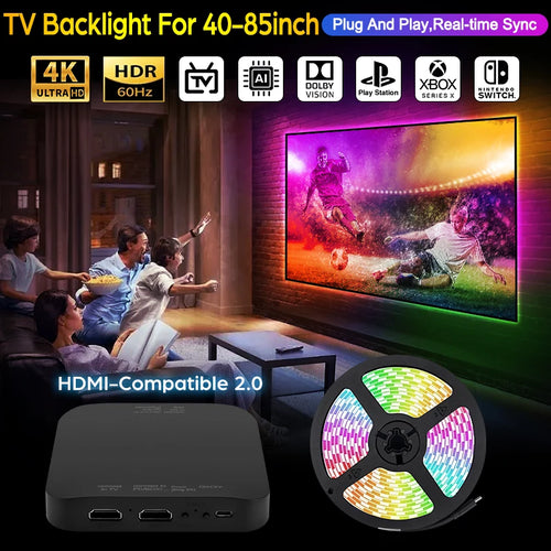 TV LED backlight sync kit with HDMI streaming box and RGB light strip reel