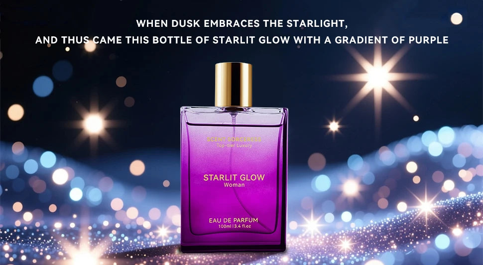 Scent Sorceress Starlit Glow Women’s 100ml Eau de Parfum, purple gradient glass bottle, luxury fresh floral fragrance.