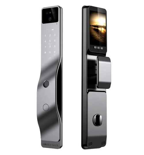 Smart WiFi door lock with camera, keypad, and fingerprint-style access panel in silver and black
