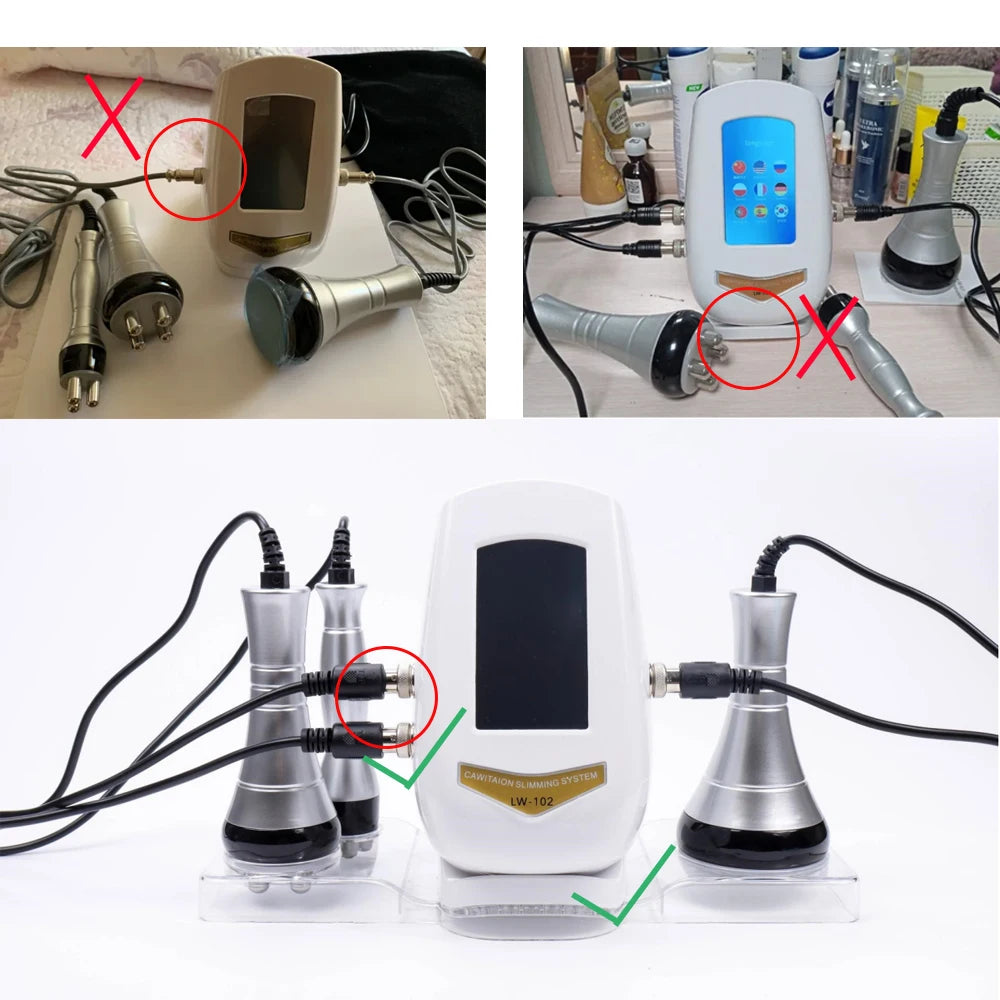 White 3-in-1 40K cavitation machine with a digital screen, three silver wand attachments, cables, and a clear stand.