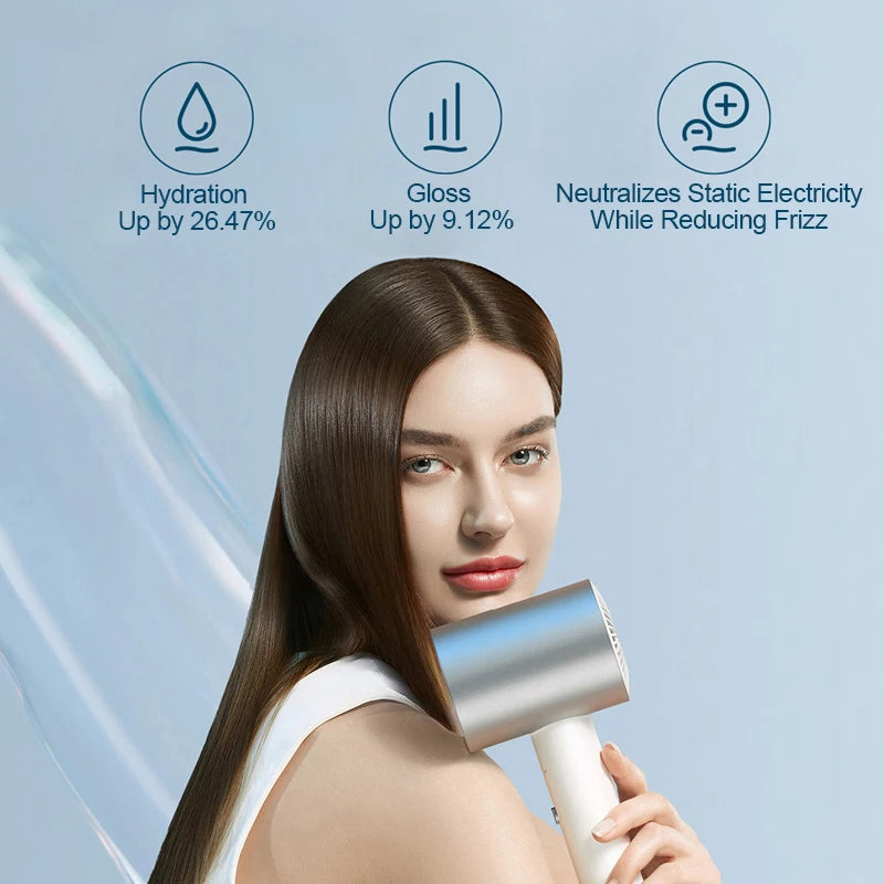 MIJIA H500 ionic hair dryer with sleek silver design for smooth, frizz-free, hydrated hair and added gloss.
