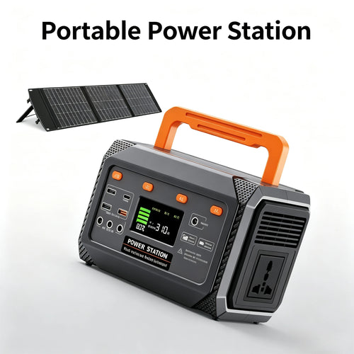 Grey 300W portable power station with orange handle, LCD screen, multiple ports, and foldable solar panel in back.
