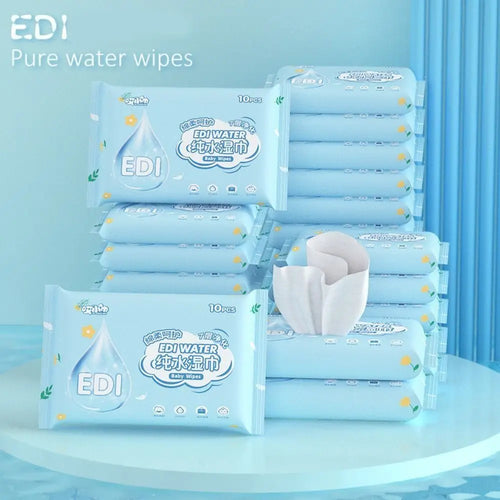 EDI pure water baby wipes in 10-count packs. Soft, gentle baby care wipes with blue water drop branding.