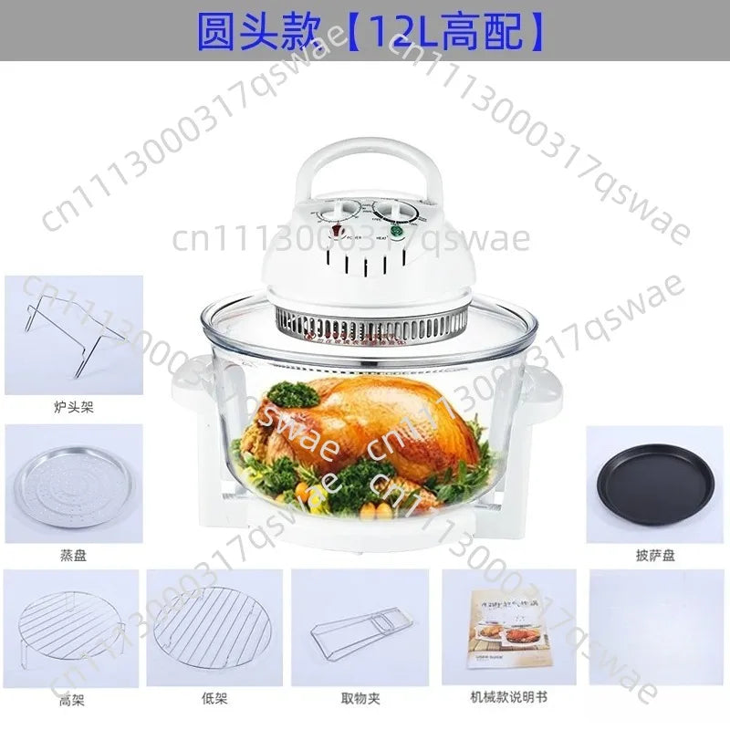Glass air fryer oven with white lid controls and clear cooking bowl, dark base disc