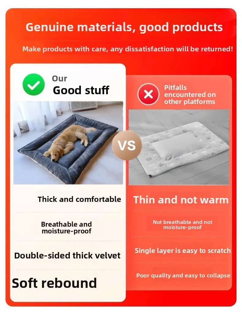 Extra-large plush dog bed with thick, soft velvet for winter comfort; breathable, moisture-proof pet mat for crate or sofa.