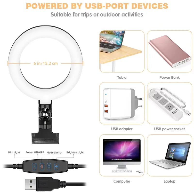6-inch white circular clip-on LED ring light with USB cable and brightness controller for versatile power options.