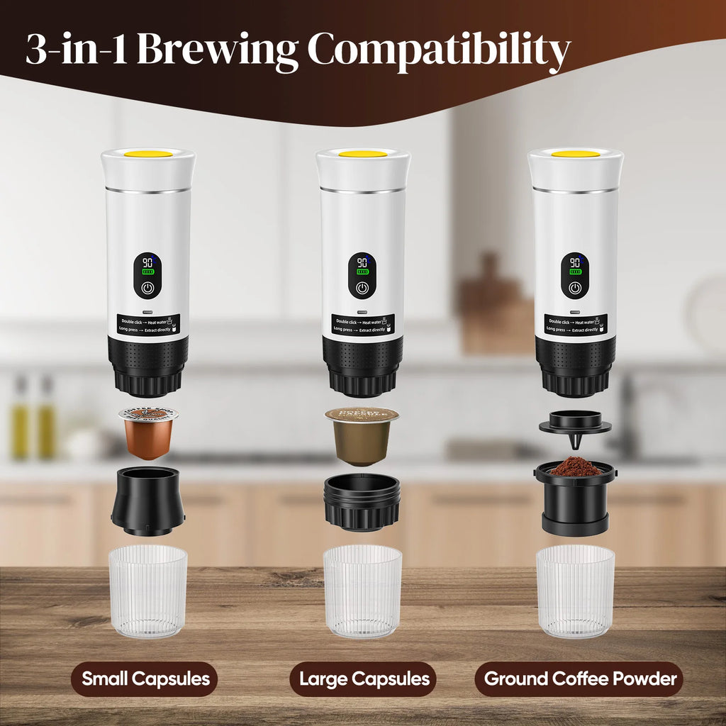 White 3-in-1 portable espresso coffee maker with digital display for capsules and ground coffee on kitchen counter.