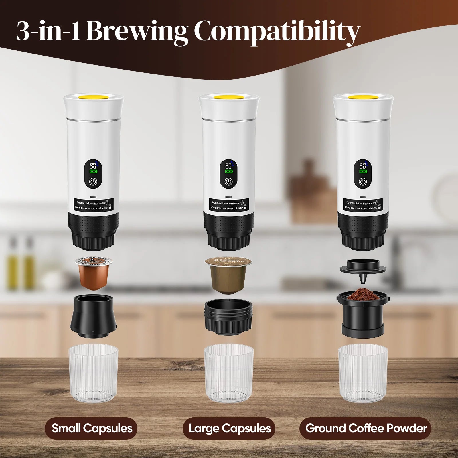 White 3-in-1 portable espresso coffee maker with digital display for capsules and ground coffee on kitchen counter.