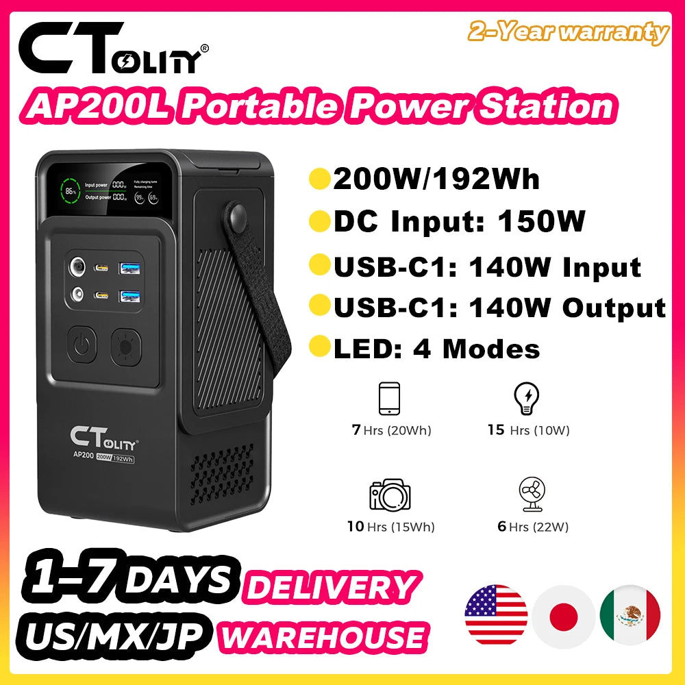 CTOLITY 192Wh Power Station 110V 200W Power Bank Outdoor Camping Portable Solar Generator LiFePO4 Battery Home Backup Power Supply 60000 mAh Emergency Battery