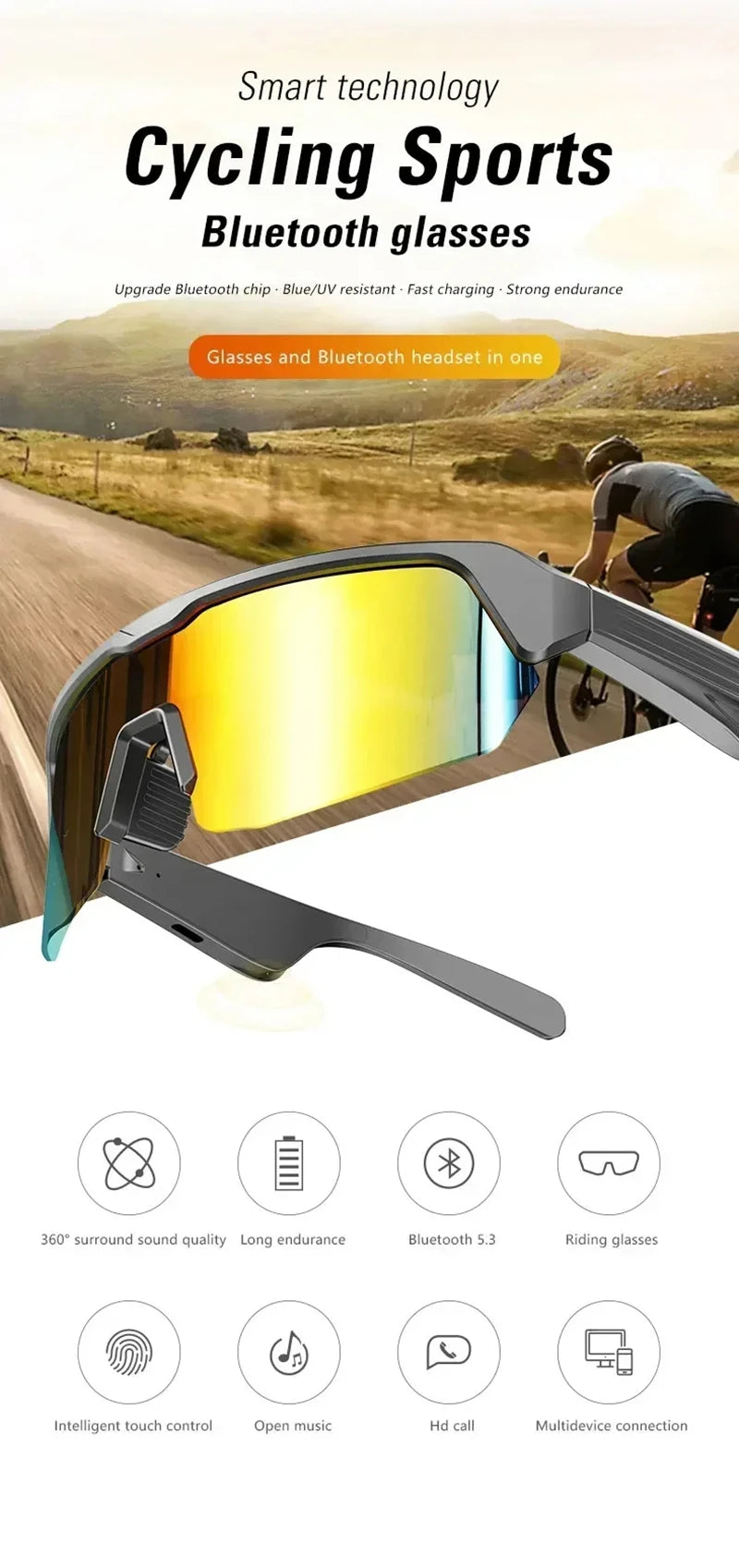 Bluetooth Cycling Sunglasses with Spatial Audio - Tidesmit Black Tidesmit