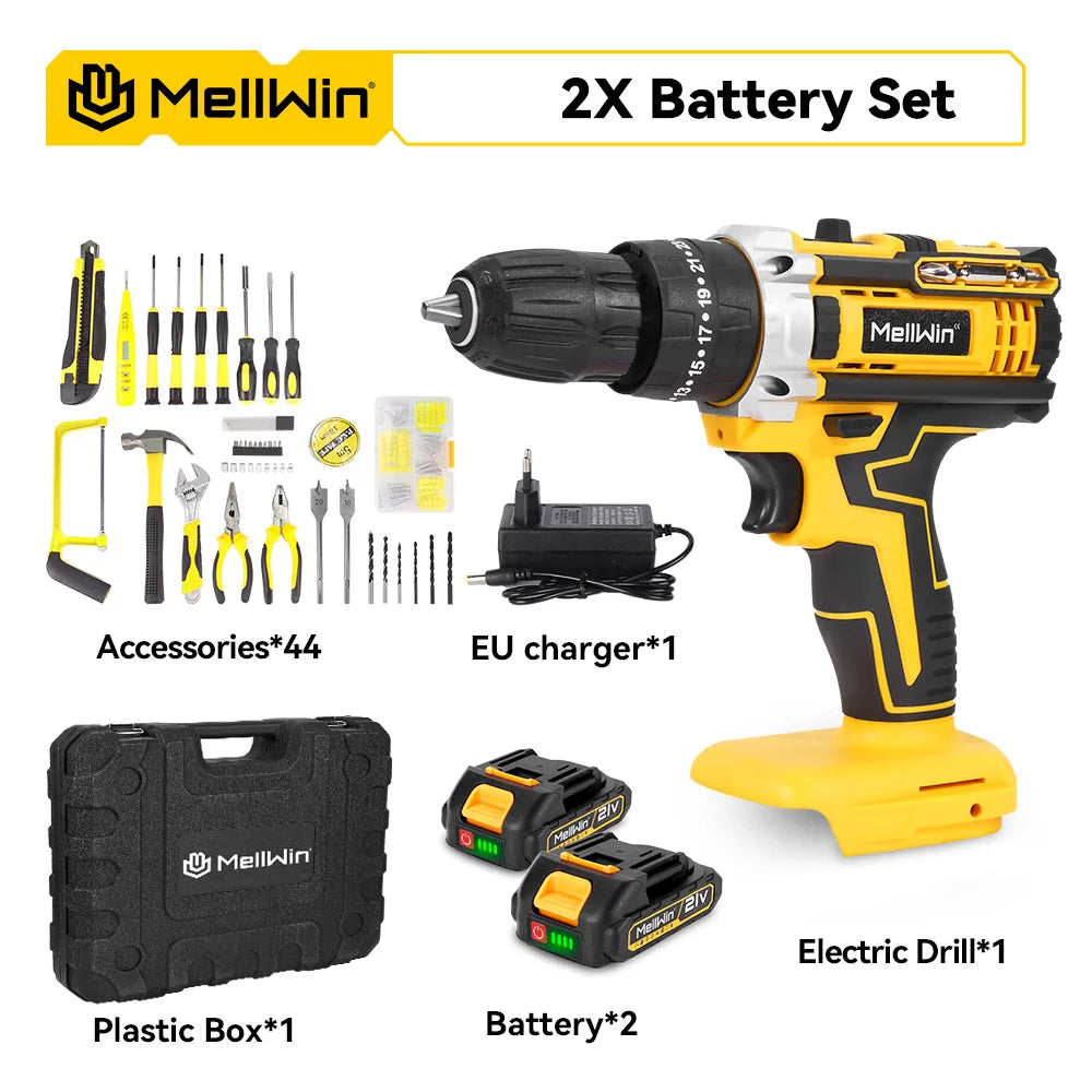 MELLWIN Cordless Electric Impact Drill Set 25+3 Torque Multipurpose Electric Screwdriver Power Tool For Makita 18V Battery Pin