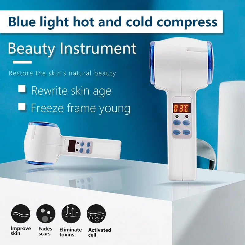 White handheld hammer-style facial massager with blue accents, digital display, and control buttons on a white surface.
