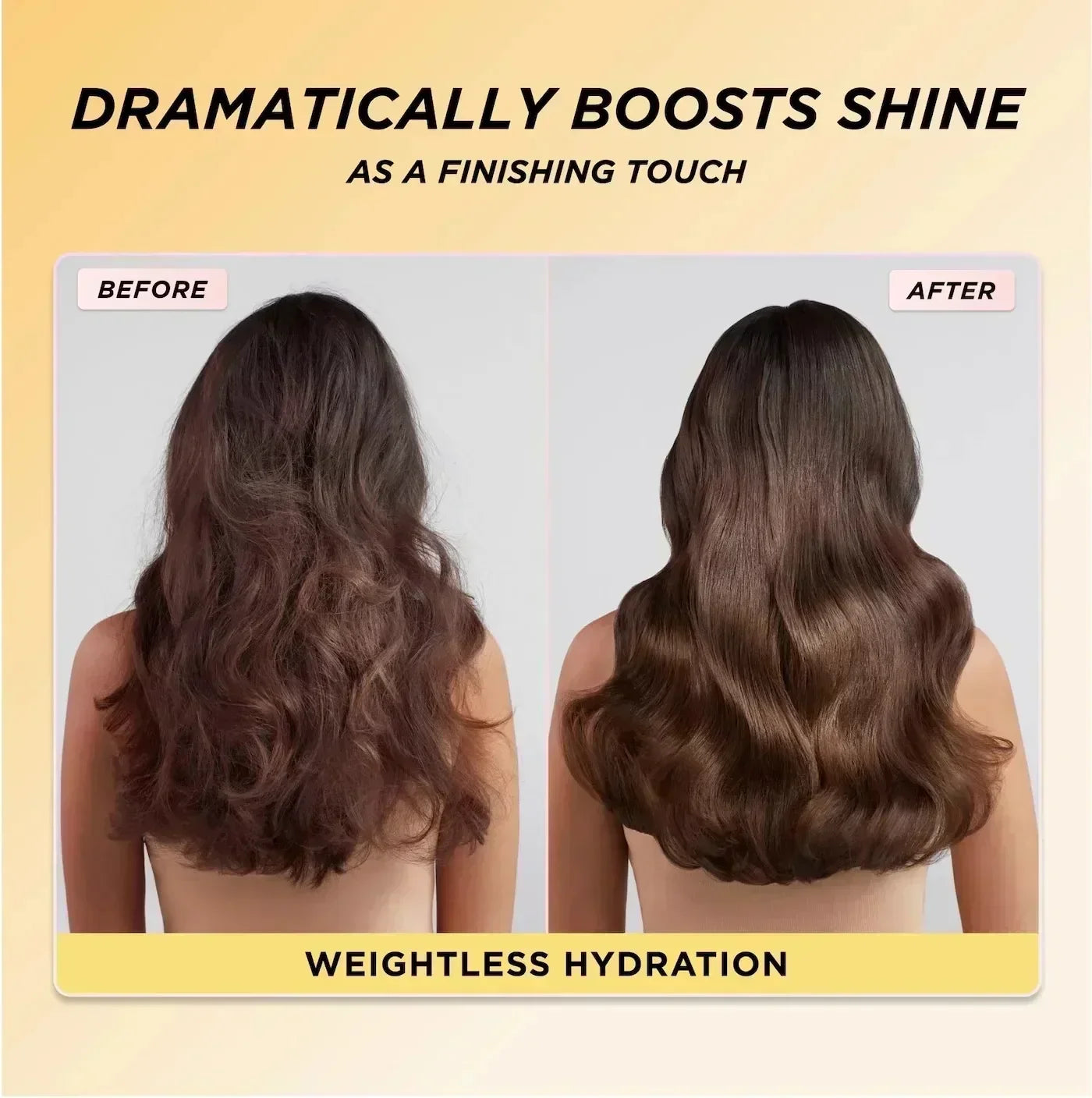 Before and after hair comparison showing shine-boosting results with moisturizing, weightless hydration treatment.