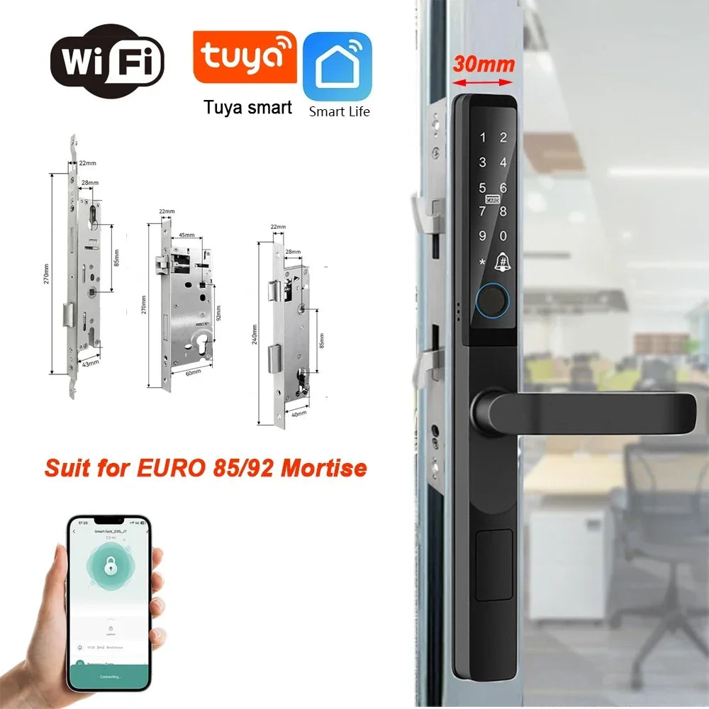 Euro 85 92mm Mortise Smartphone Access Keyless Entry Door Lock Handle Ultra-thin App Remote Operation WiFi Smart Lock