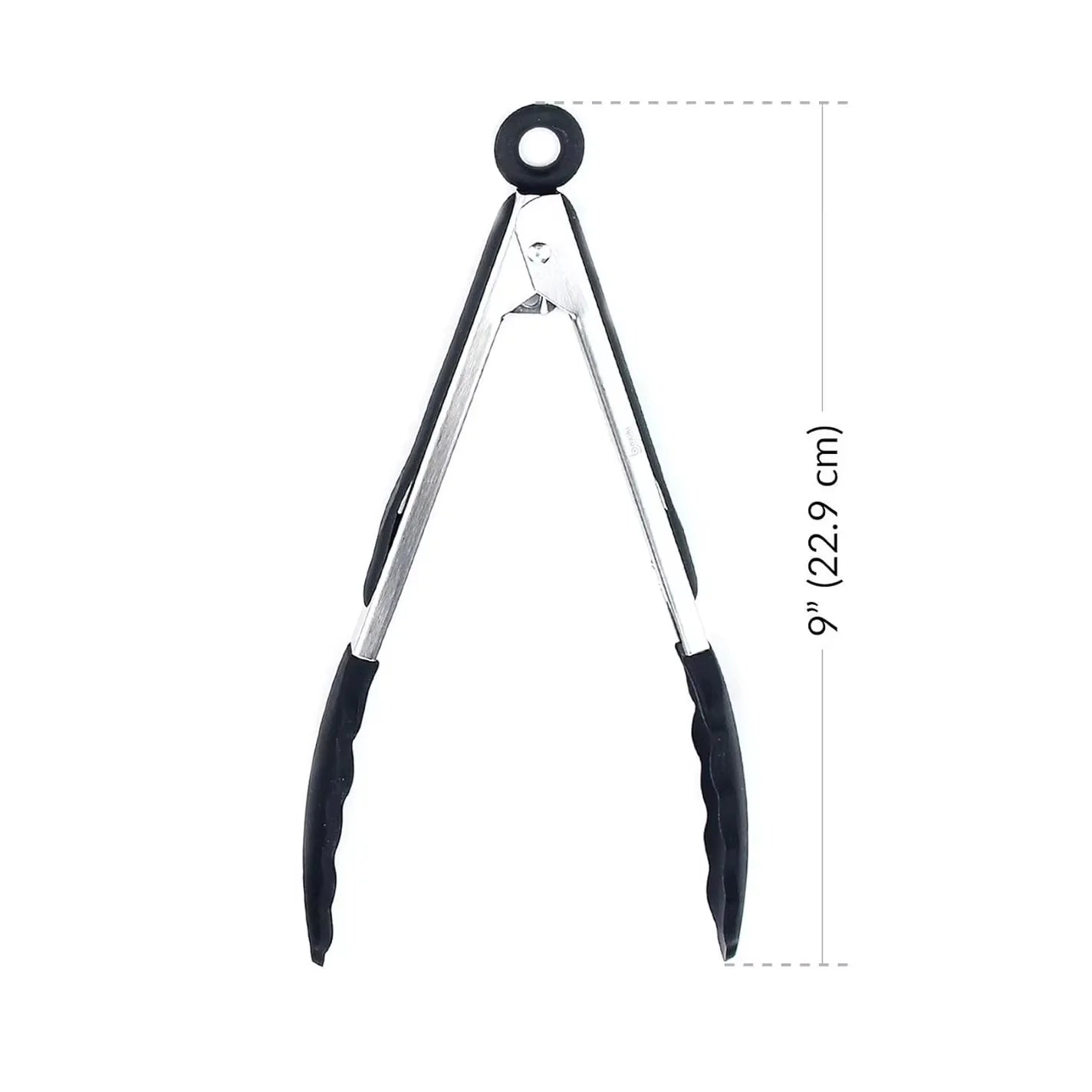 Black and white air fryer tongs with locking loop and angled grip tips.