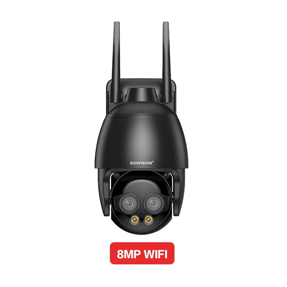 Black dual-lens 8MP WiFi PTZ surveillance camera with two antennas