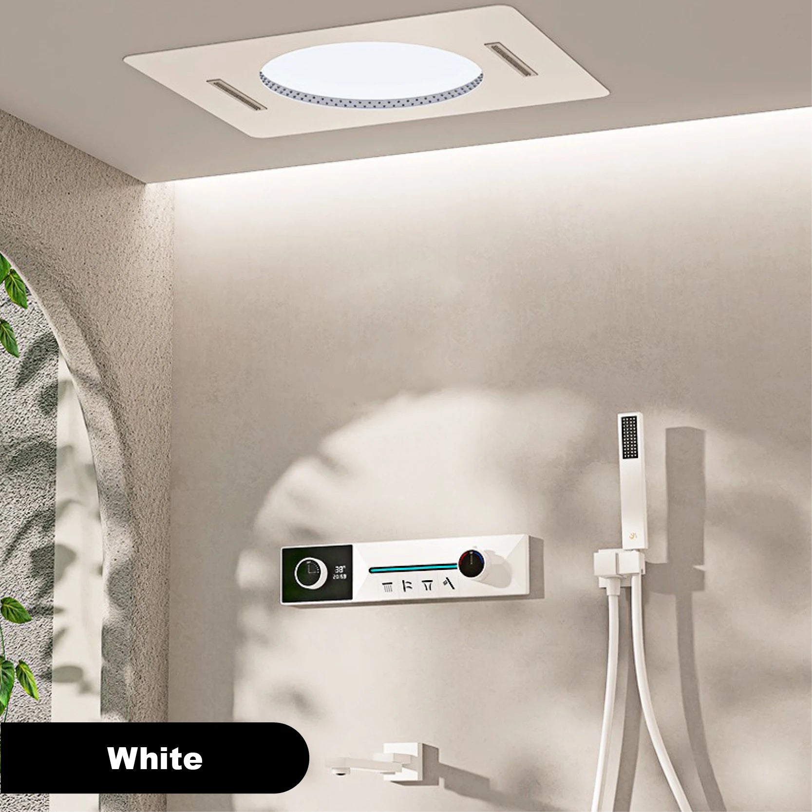 Gunmetal Gray Ceiling Mounted 4-Function Waterfall Shower System with Embedded Brass Thermostatic LED Display Body for Bathroom