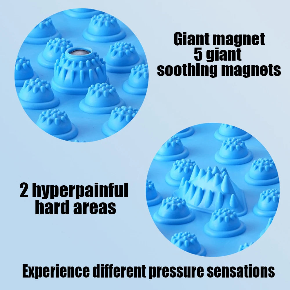 Blue acupressure foot massage mat with textured nubs, magnetic nodes, and pressure points for reflexology health walks.