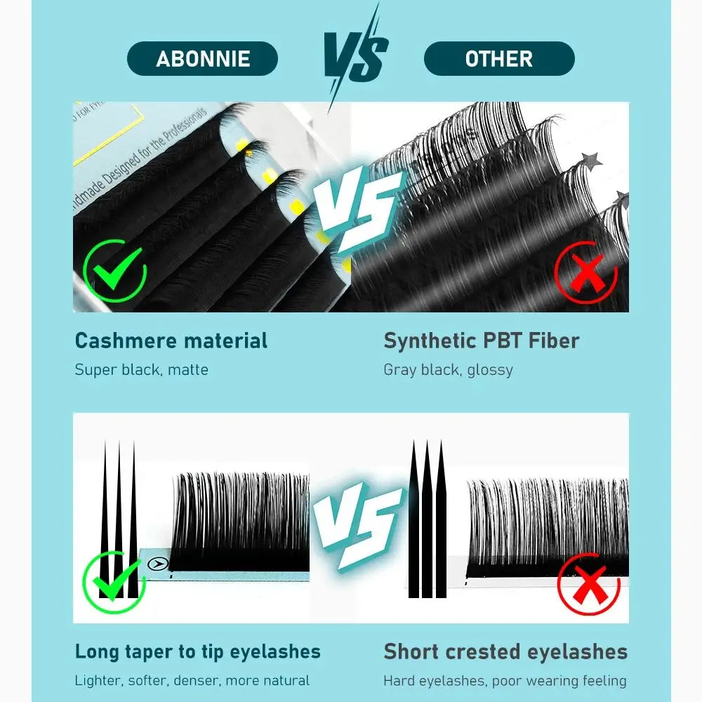 Comparison chart showing Abonnie matte black cashmere lash extensions with long tapers vs. glossy synthetic lashes.