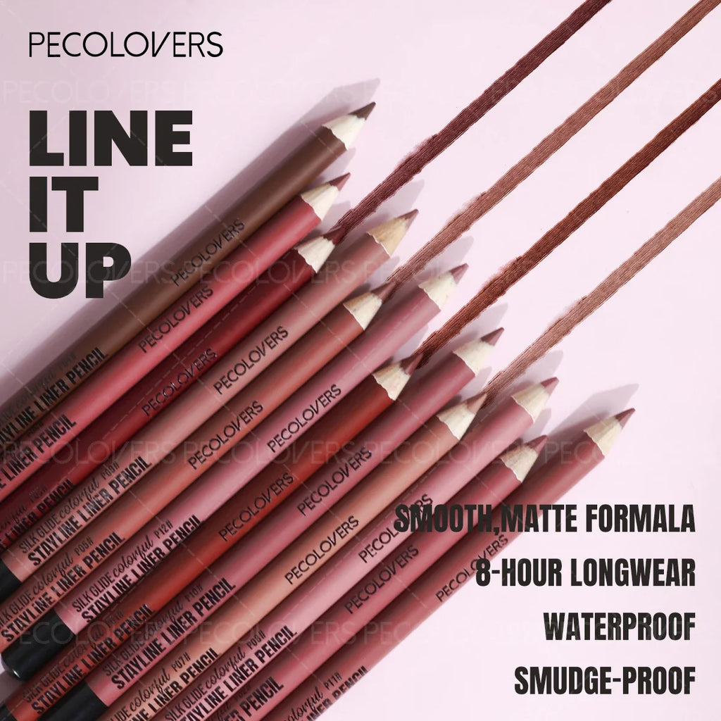 Pecolovers waterproof matte lip liner pencils in brown, pink, and purple shades with smooth, long-lasting color swatches.