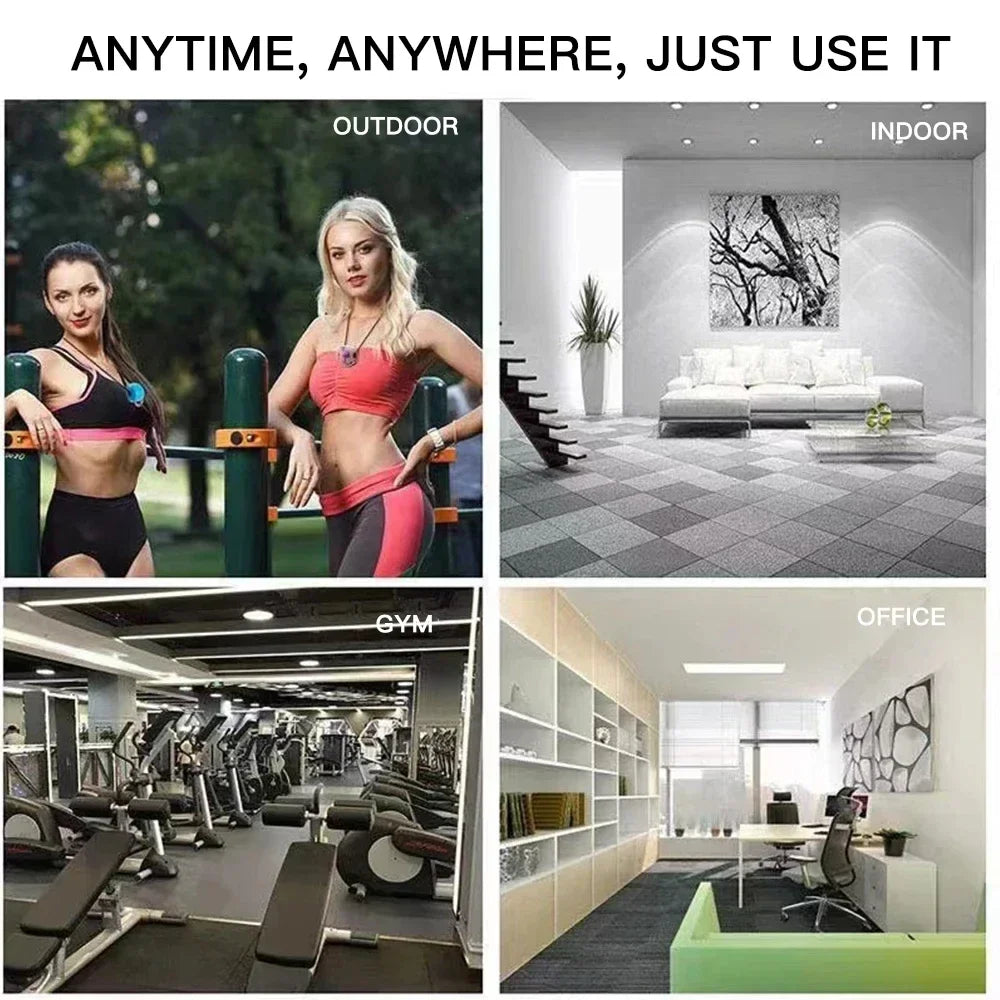 Collage showing women wearing small, colorful, silicone jawline exercisers in outdoor, gym, home, and office settings.