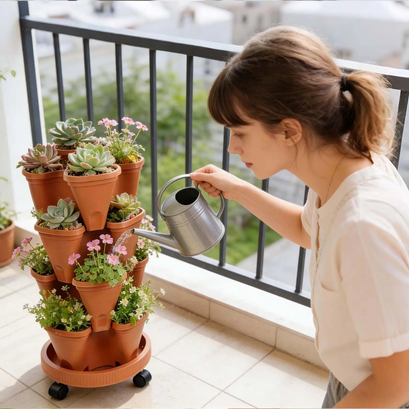 Orange plastic vertical planter tower with stacked pots and a person watering plants with a can