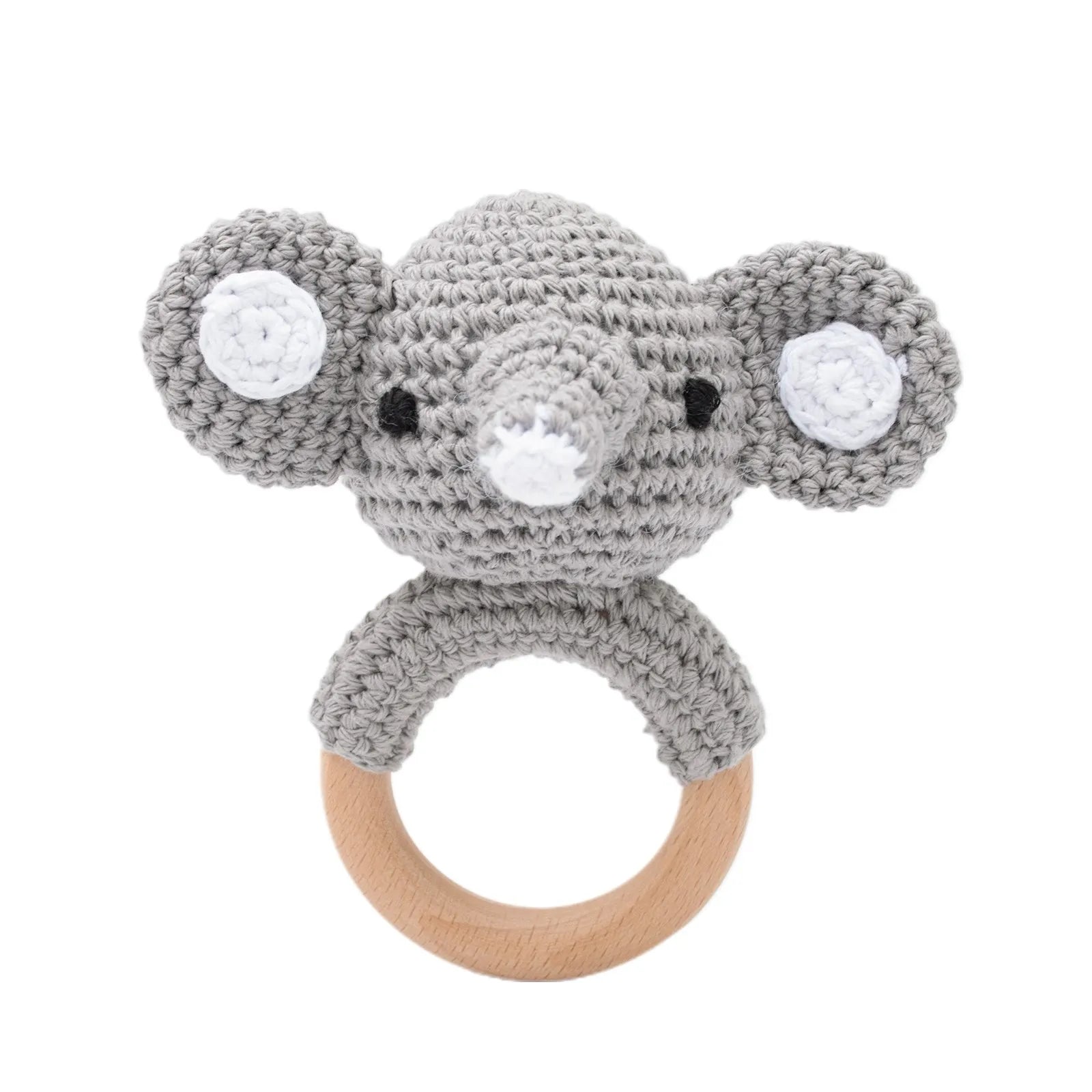 Grey elephant crochet baby teething ring with natural wood for soothing sore gums.