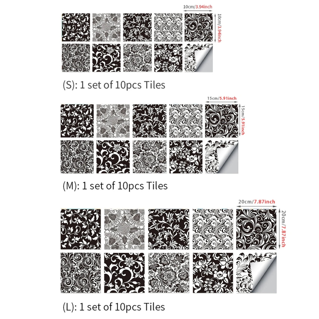 10 pcs/pack, Black and White Floral hard PVC Self-Adhesive Tile Stickers - Waterproof, Oil-Proof, Easy to Clean for Home Decor